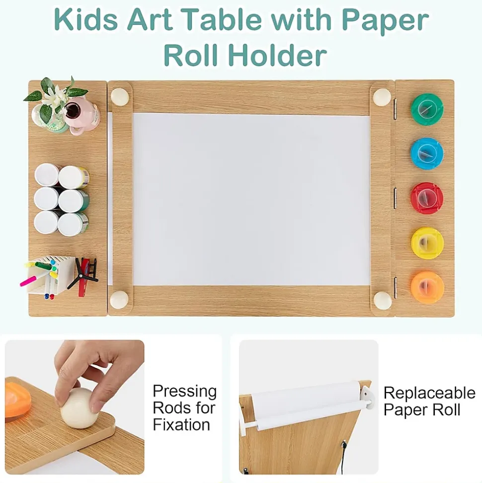 Table Enfant 2 Chaises Plateau Relevable Table Activité 6 Bacs de Rangement 5 Pots à Peinture Naturel