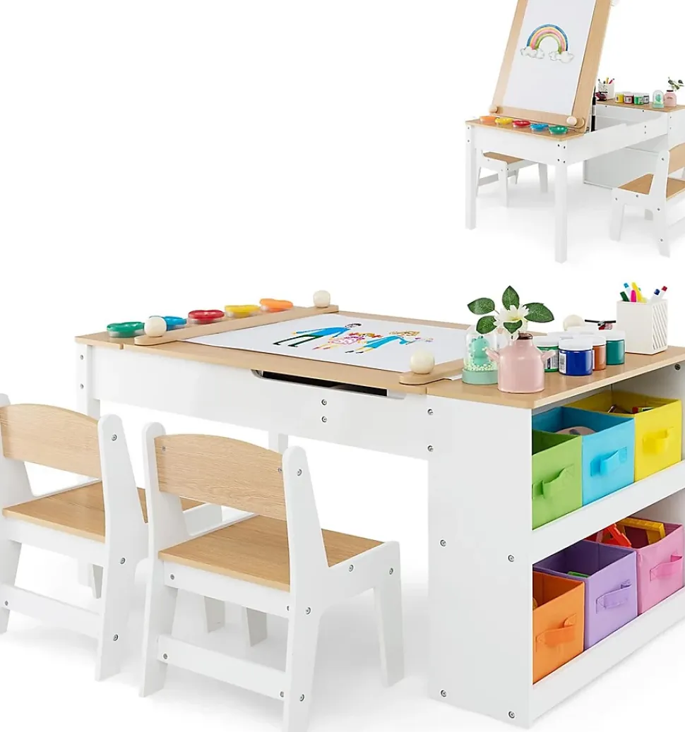 Table Enfant 2 Chaises Plateau Relevable Table Activité 6 Bacs de Rangement 5 Pots à Peinture Naturel