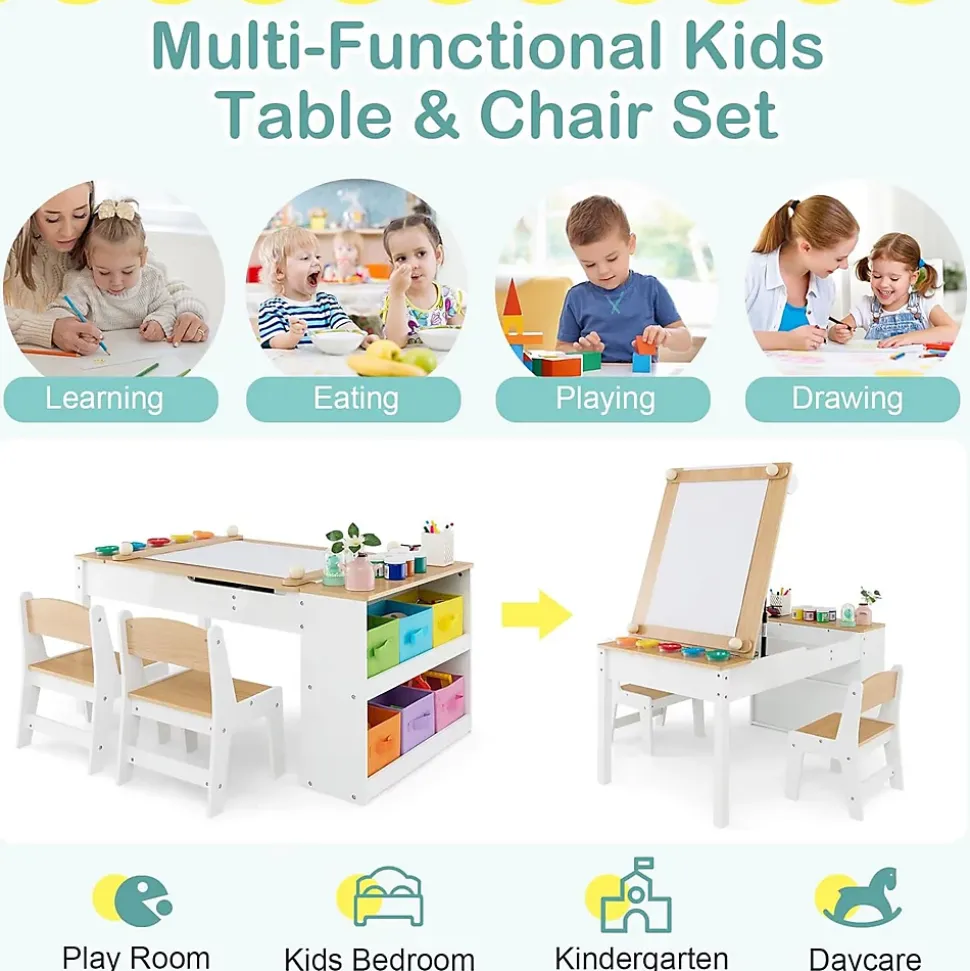 Table Enfant 2 Chaises Plateau Relevable Table Activité 6 Bacs de Rangement 5 Pots à Peinture Naturel
