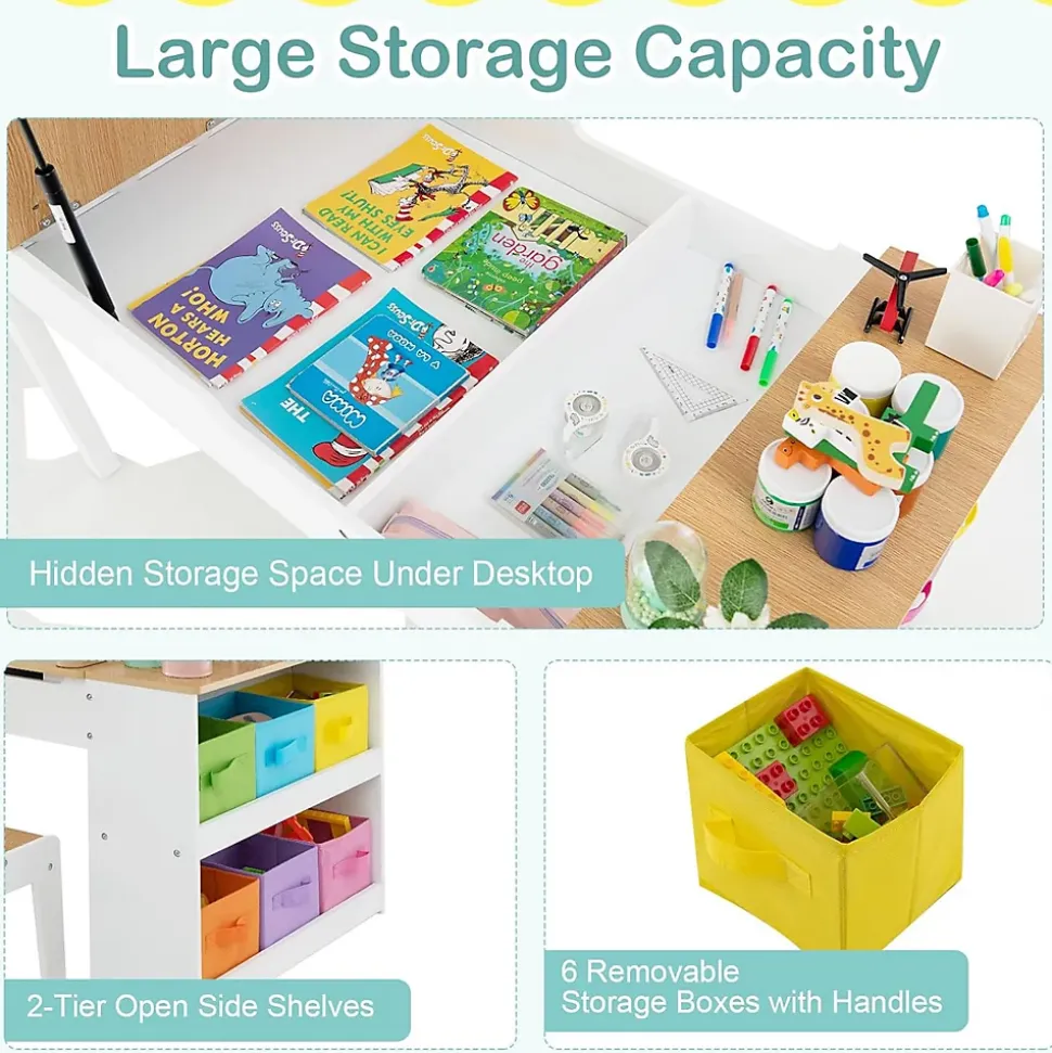 Table Enfant 2 Chaises Plateau Relevable Table Activité 6 Bacs de Rangement 5 Pots à Peinture Naturel