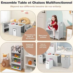 Table Enfant avec 2 Chaises 3 Ans Table Activités 4 en 1 avec Banc de Rangement Couvercle Amovible Boucle de Sécurité