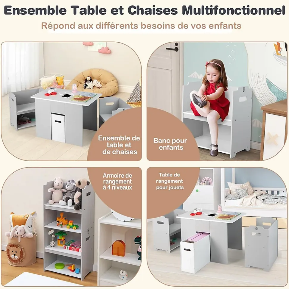 Table Enfant avec 2 Chaises 3 Ans Table Activités 4 en 1 avec Banc de Rangement Couvercle Amovible Boucle de Sécurité