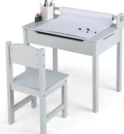 Table Enfant avec Chaise Table à Dessin Enfant avec Rouleau du Papier Bureau Écriture en Bois avec Rangement Gris
