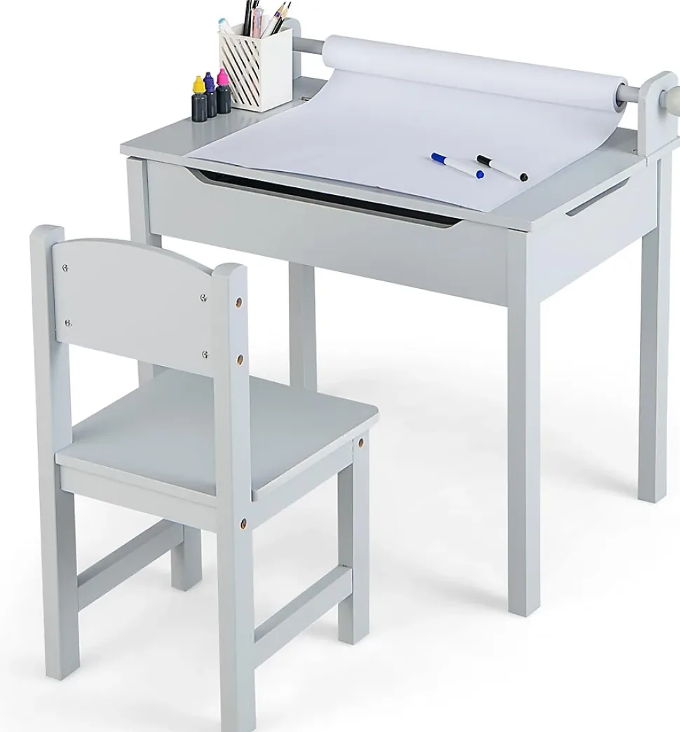 Table Enfant avec Chaise Table à Dessin Enfant avec Rouleau du Papier Bureau Écriture en Bois avec Rangement Gris