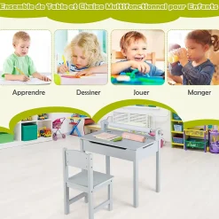 Table Enfant avec Chaise Table à Dessin Enfant avec Rouleau du Papier Bureau Écriture en Bois avec Rangement Gris