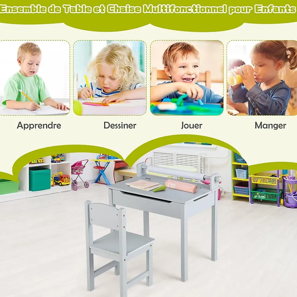 Table Enfant avec Chaise Table à Dessin Enfant avec Rouleau du Papier Bureau Écriture en Bois avec Rangement Gris