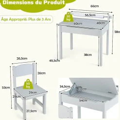 Table Enfant avec Chaise Table à Dessin Enfant avec Rouleau du Papier Bureau Écriture en Bois avec Rangement Gris