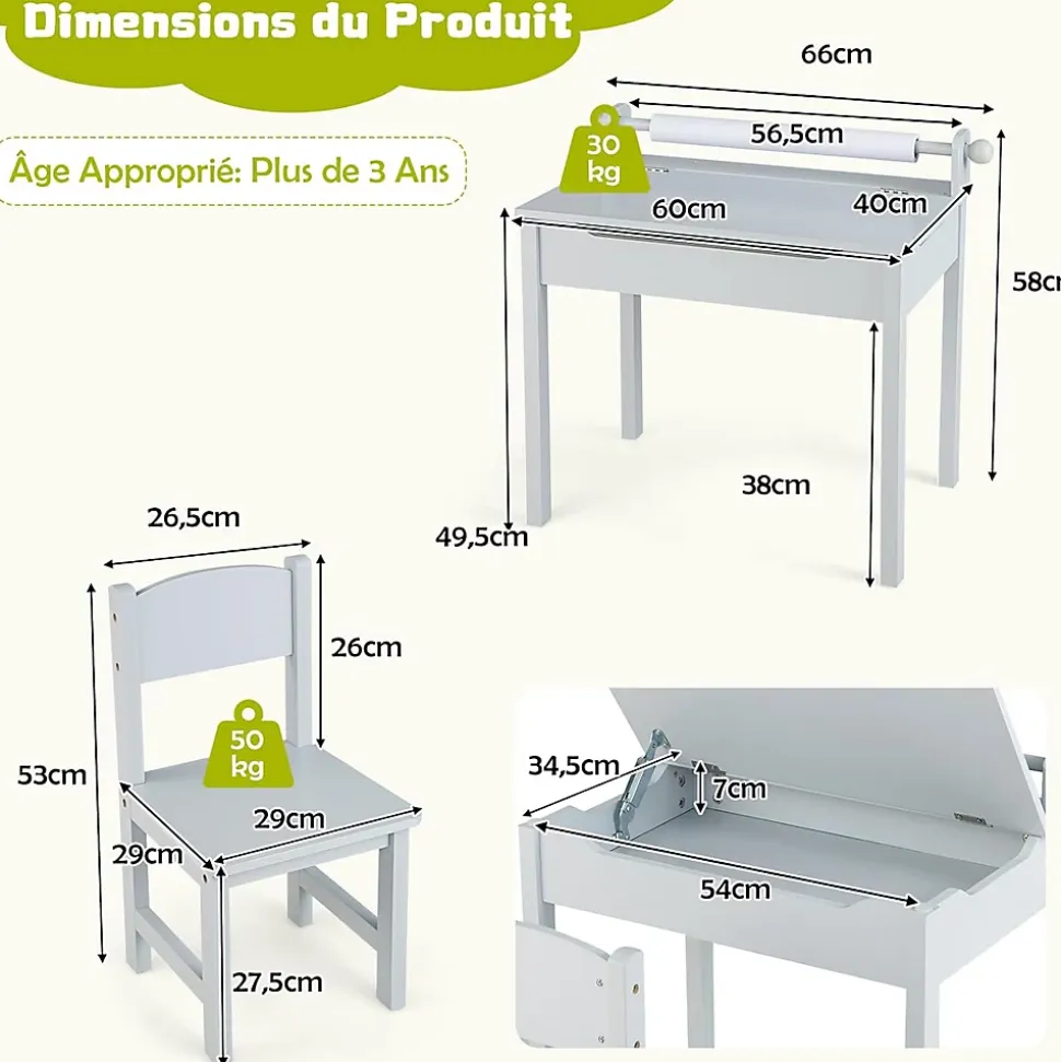 Table Enfant avec Chaise Table à Dessin Enfant avec Rouleau du Papier Bureau Écriture en Bois avec Rangement Gris