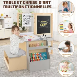 Table Enfant avec Chaise et Tableau Blanc Noir Réglable Rangement Rouleaux de Papier Interchangeables Gris