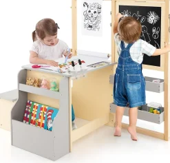 Table Enfant avec Chaise et Tableau Blanc Noir Réglable Rangement Rouleaux de Papier Interchangeables Gris