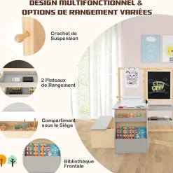 Table Enfant avec Chaise et Tableau Blanc Noir Réglable Rangement Rouleaux de Papier Interchangeables Gris