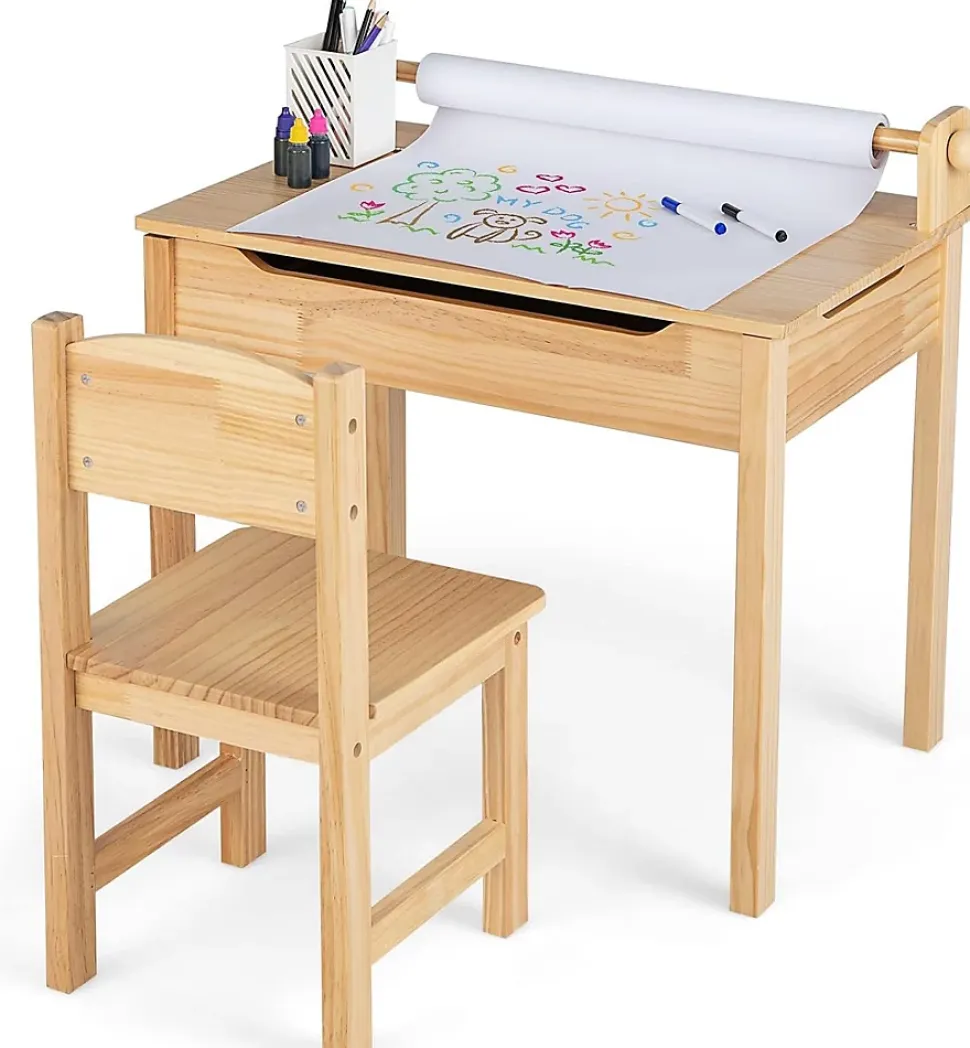 Table Enfant avec Chaise 3+Ans-Table à Dessin Enfant avec Rouleau du Papier-Bureau d'Écriture en Bois avec Rangement Naturel