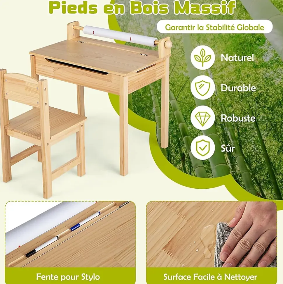 Table Enfant avec Chaise 3+Ans-Table à Dessin Enfant avec Rouleau du Papier-Bureau d'Écriture en Bois avec Rangement Naturel