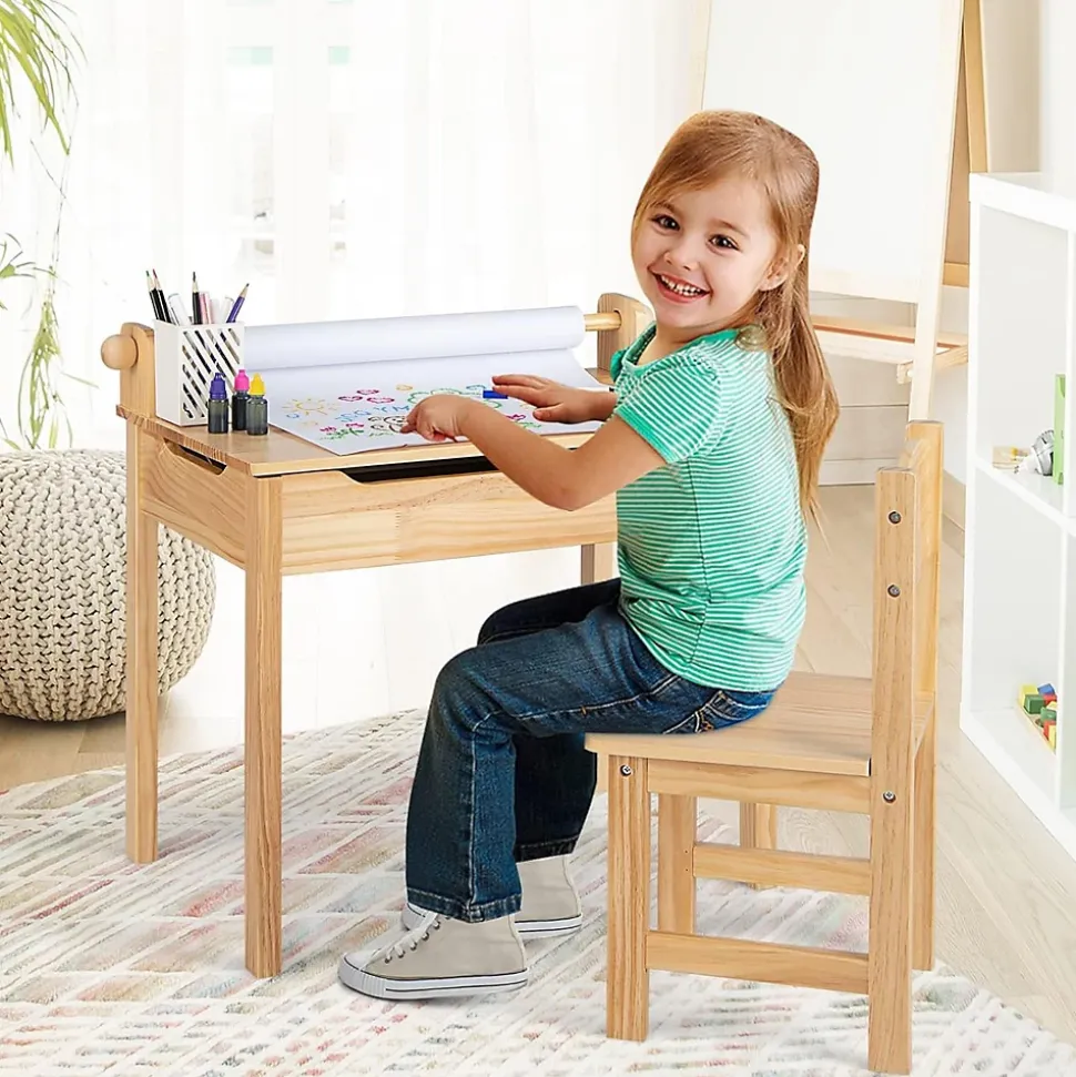 Table Enfant avec Chaise 3+Ans-Table à Dessin Enfant avec Rouleau du Papier-Bureau d'Écriture en Bois avec Rangement Naturel