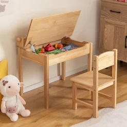 Table Enfant avec Chaise 3+Ans-Table à Dessin Enfant avec Rouleau du Papier-Bureau d'Écriture en Bois avec Rangement Naturel