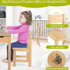 Table Enfant avec Chaise 3+Ans-Table à Dessin Enfant avec Rouleau du Papier-Bureau d'Écriture en Bois avec Rangement Naturel