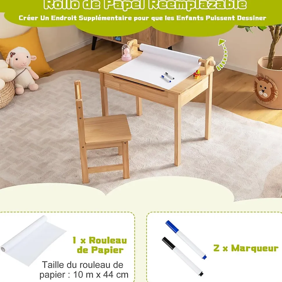 Table Enfant avec Chaise 3+Ans-Table à Dessin Enfant avec Rouleau du Papier-Bureau d'Écriture en Bois avec Rangement Naturel