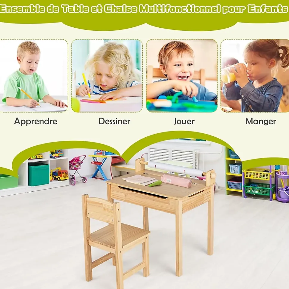 Table Enfant avec Chaise 3+Ans-Table à Dessin Enfant avec Rouleau du Papier-Bureau d'Écriture en Bois avec Rangement Naturel