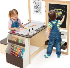 Table Enfant avec Chaise et Tableau Blanc Noir Réglable Rangement Rouleaux de Papier Interchangeables Café
