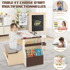 Table Enfant avec Chaise et Tableau Blanc Noir Réglable Rangement Rouleaux de Papier Interchangeables Café