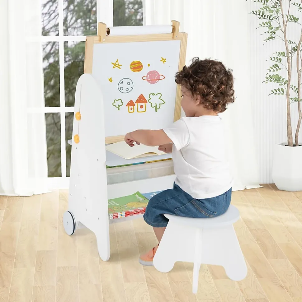 Table Enfant avec Chaise, 4 en 1 Amovible et Hauteur Réglable,avec Plateau Magnétique, Rouleau de Papier, Bibliothèque,pour 3+ Ans