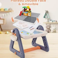 Table Enfant Réversible avec Chaise Tableau Blanc Table Activités avec 160 Blocs de Construction Effaceur à Sec Marqueurs