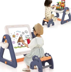 Table Enfant Réversible avec Chaise Tableau Blanc Table Activités avec 160 Blocs de Construction Effaceur à Sec Marqueurs