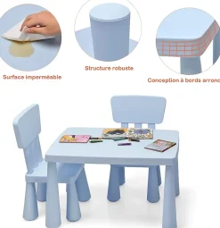 Table et 2 Chaises en Plastique Enfants Charge 50KG Activites Etude Utilisation Interieure ou Exterieure Bleu