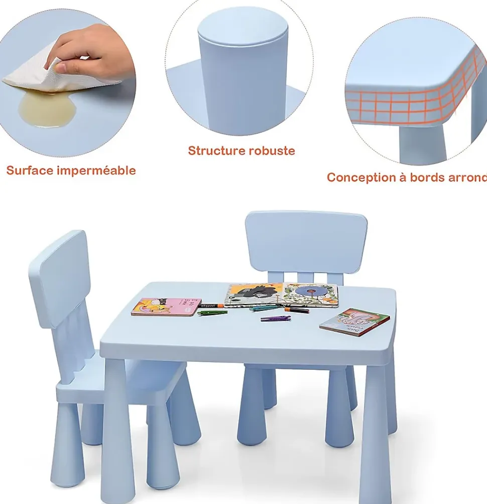 Table et 2 Chaises en Plastique Enfants Charge 50KG Activites Etude Utilisation Interieure ou Exterieure Bleu