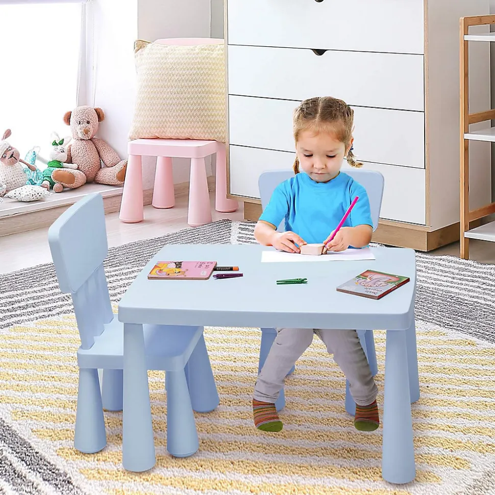 Table et 2 Chaises en Plastique Enfants Charge 50KG Activites Etude Utilisation Interieure ou Exterieure Bleu