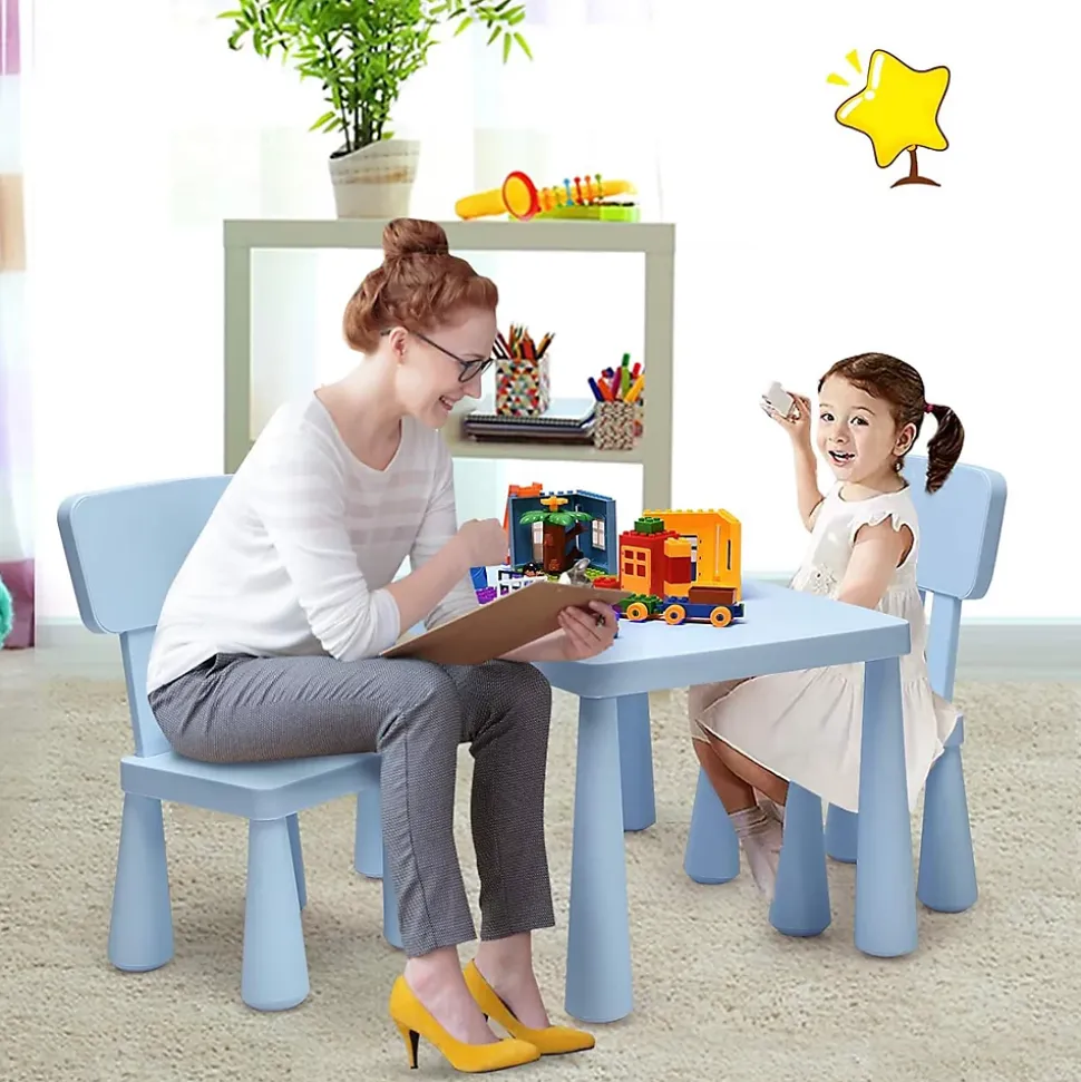 Table et 2 Chaises en Plastique Enfants Charge 50KG Activites Etude Utilisation Interieure ou Exterieure Bleu
