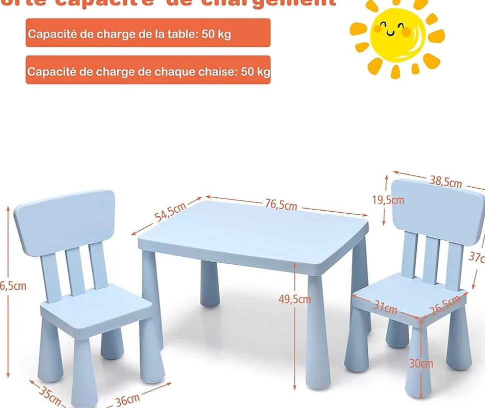 Table et 2 Chaises en Plastique Enfants Charge 50KG Activites Etude Utilisation Interieure ou Exterieure Bleu