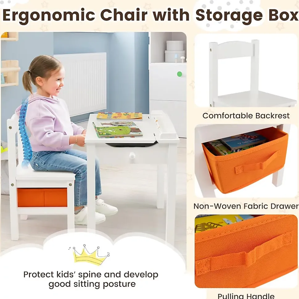 Table et Chaise pour Enfant avec Planteau Incliné Table Activités en Bois avec Tiroir Charnière Blanc