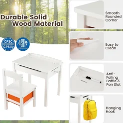 Table et Chaise pour Enfant avec Planteau Incliné Table Activités en Bois avec Tiroir Charnière Blanc