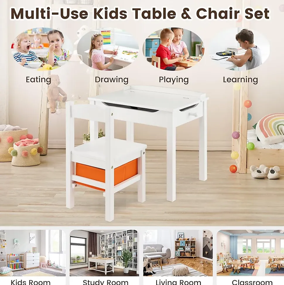 Table et Chaise pour Enfant avec Planteau Incliné Table Activités en Bois avec Tiroir Charnière Blanc