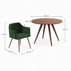 Table et chaises 4 personnes en velours vert et bois - Liwa