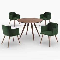 Table et chaises 4 personnes en velours vert et bois - Liwa