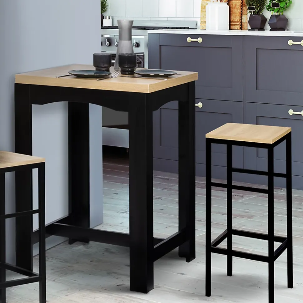 Table haute de bar extensible DONA 2 à 4 personnes noire plateau façon hêtre 60-120 cm