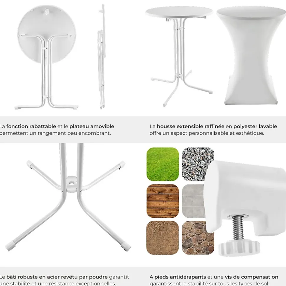 Table haute pliable avec housse 90x110 cm facile d'entretien