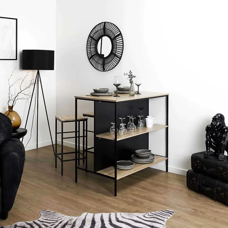 Table ilot en bois avec 2 tabourets Loka