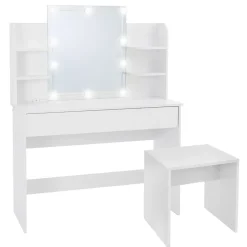 Table maquillage avec miroir et guirlande LED coiffeuse en MDF + tabouret blanc