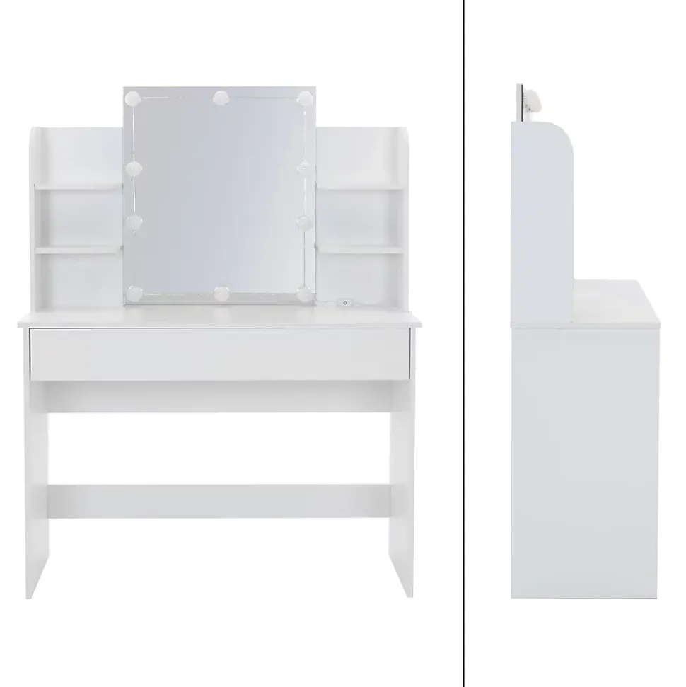 Table maquillage avec miroir et guirlande LED coiffeuse en MDF + tabouret blanc