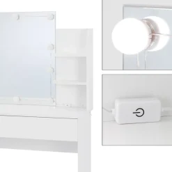 Table maquillage avec miroir et guirlande LED coiffeuse en MDF + tabouret blanc