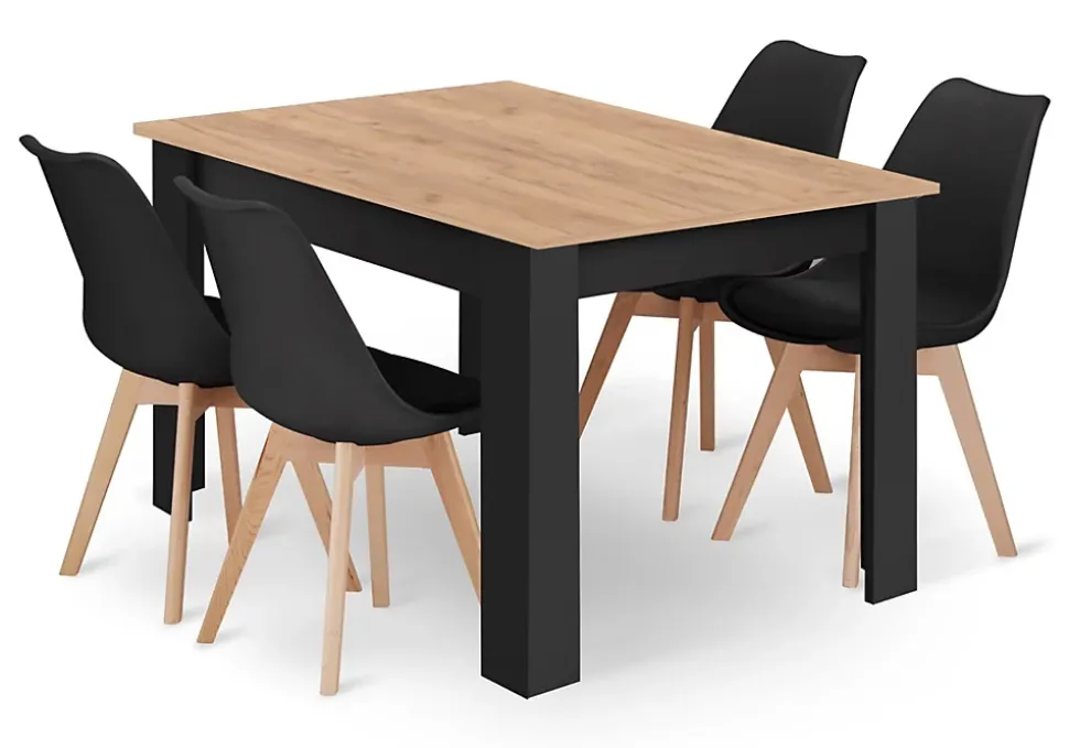 Table rectangulaire VALORA avec 4 chaises noires RIXK, dimensions 120 x 80 cm.