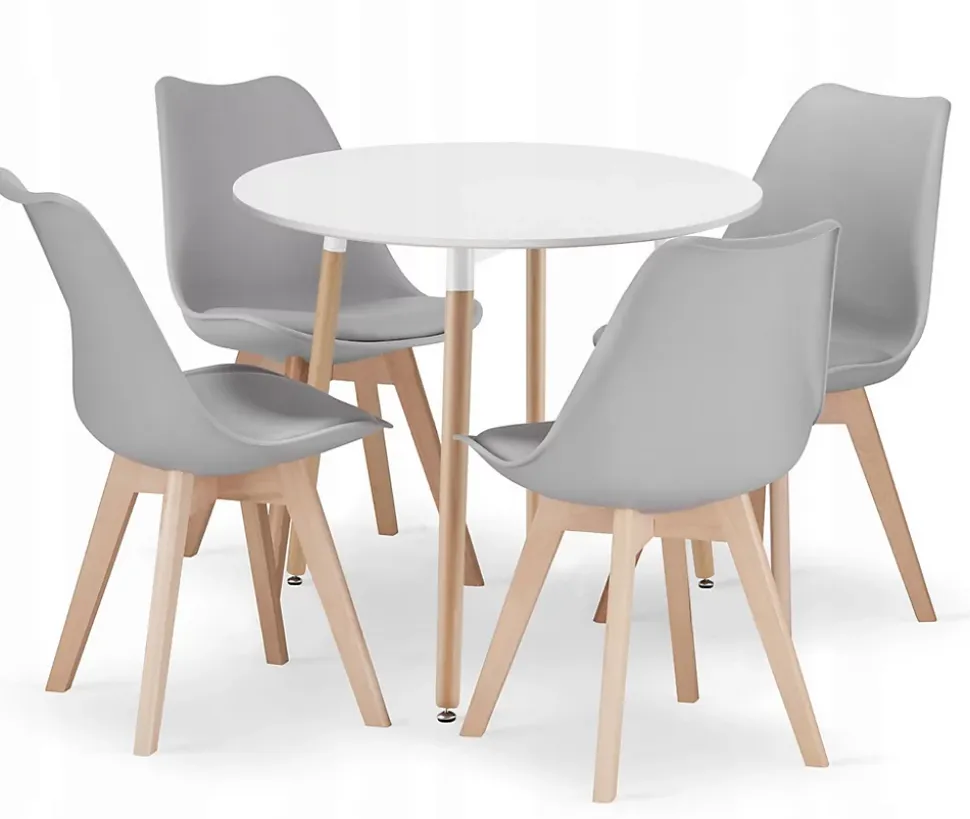 Table ronde blanche VALORA KAMI 80 avec 4 chaises grises RIXK