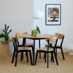 Table ronde en bois chêne/noir D105 + 4 chaises chêne/noir - LETA