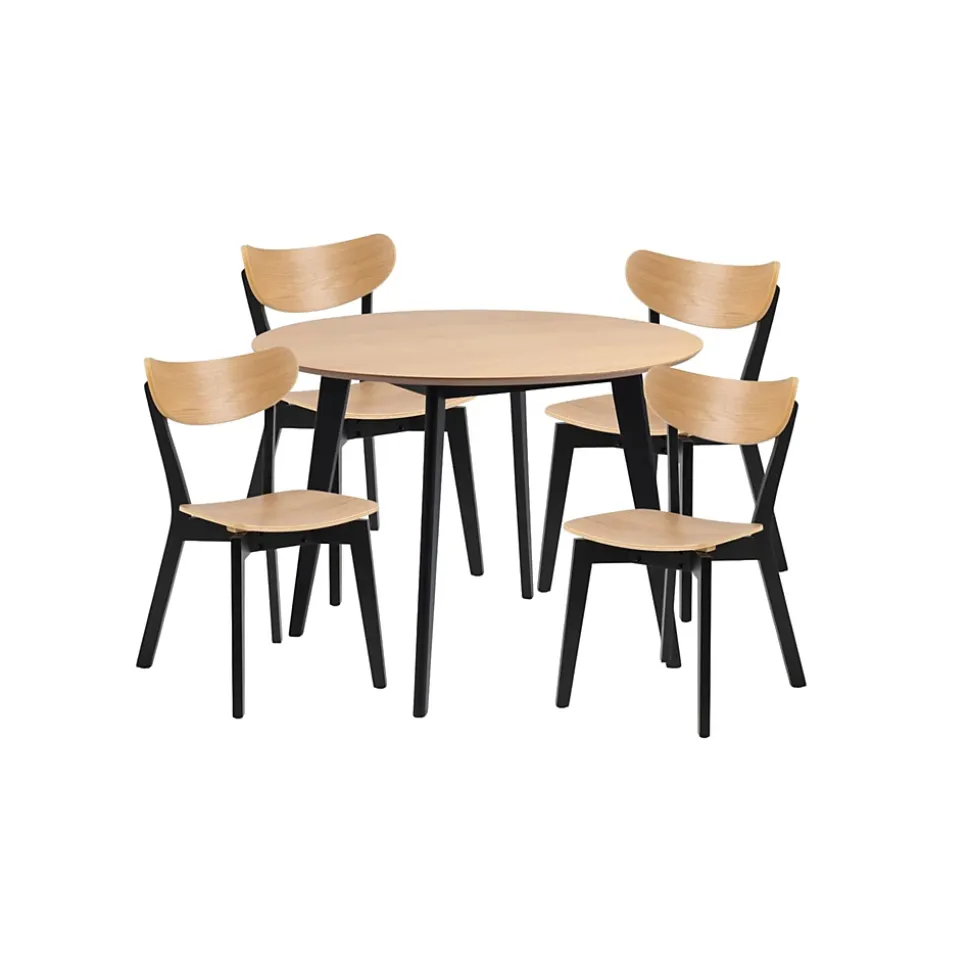 Table ronde en bois chêne/noir D105 + 4 chaises chêne/noir - LETA