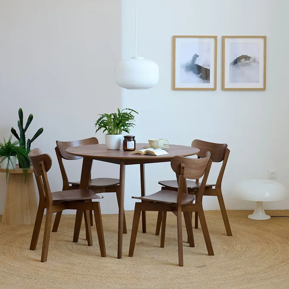 Table ronde en bois noyer D105 + 4 chaises noyer - LETA