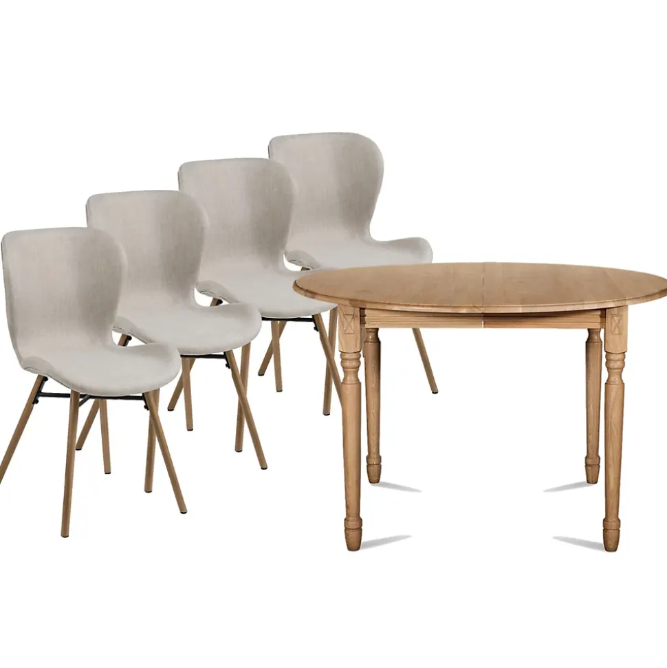 Table ronde extensible pieds tournés D115 + 4 chaises tissu - VICTORIA