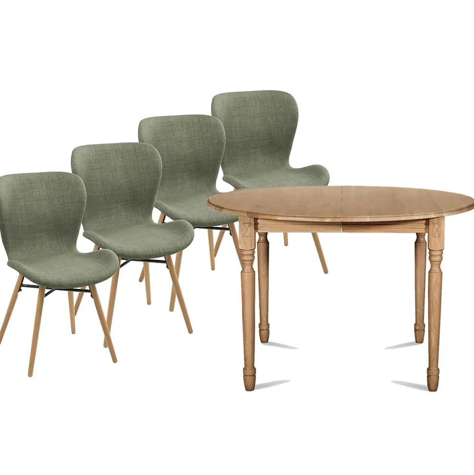 Table ronde extensible pieds tournés D105 + 4 chaises tissu - VICTORIA